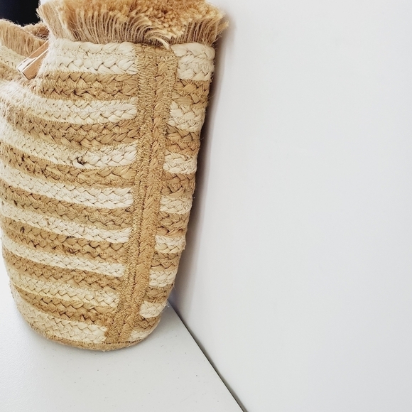 Antik Kraft Striped Jute Tote Ivory Large Beach Coastal Wood Handle Bag NEW - Picture 4 of 14